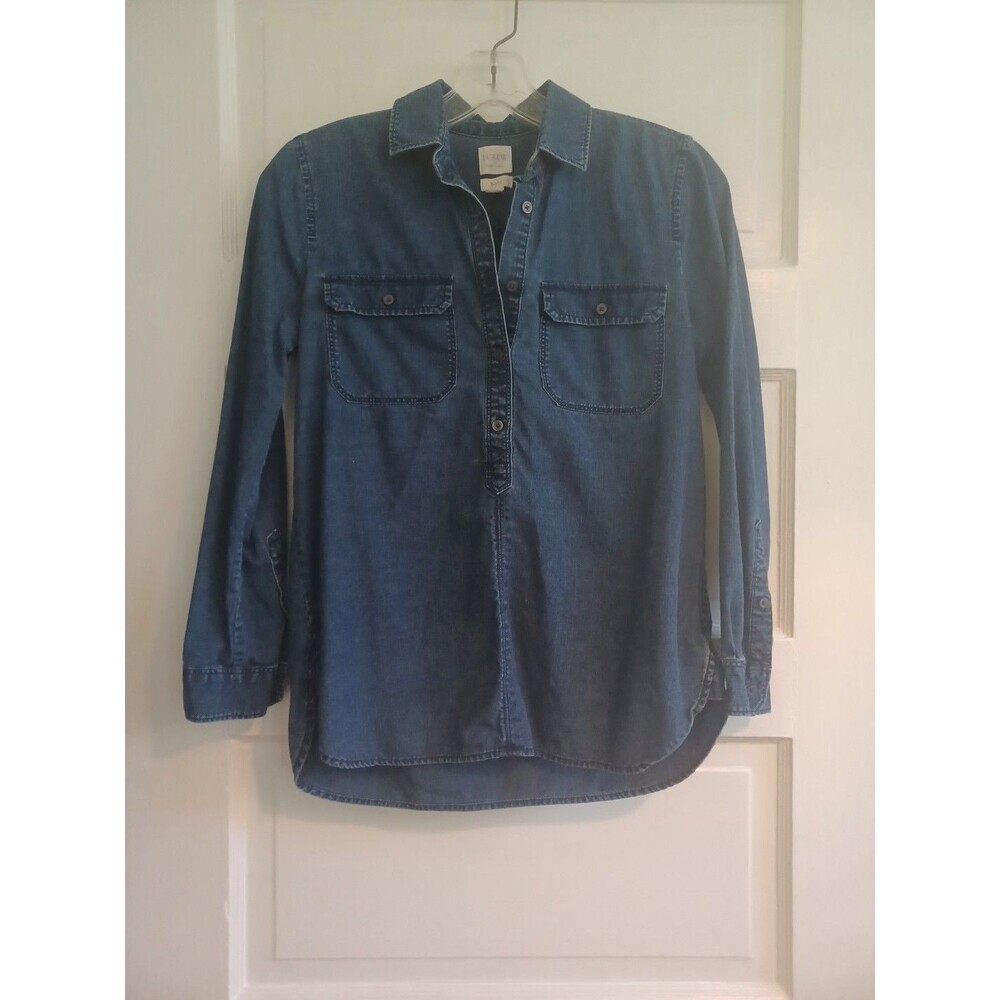J. Crew dark blue denim popover shirt blouse XSPetite Boy Fit classic neutral